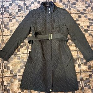 Cole Haan Hunter Green Quilted Trench Coat with Belt and leather trim. Size L